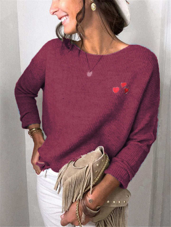 Damen Leichter Feinstrickpullover mit U-Boot-Ausschnitt, lockerem Sitz und Herzstickerei Echoarchiv