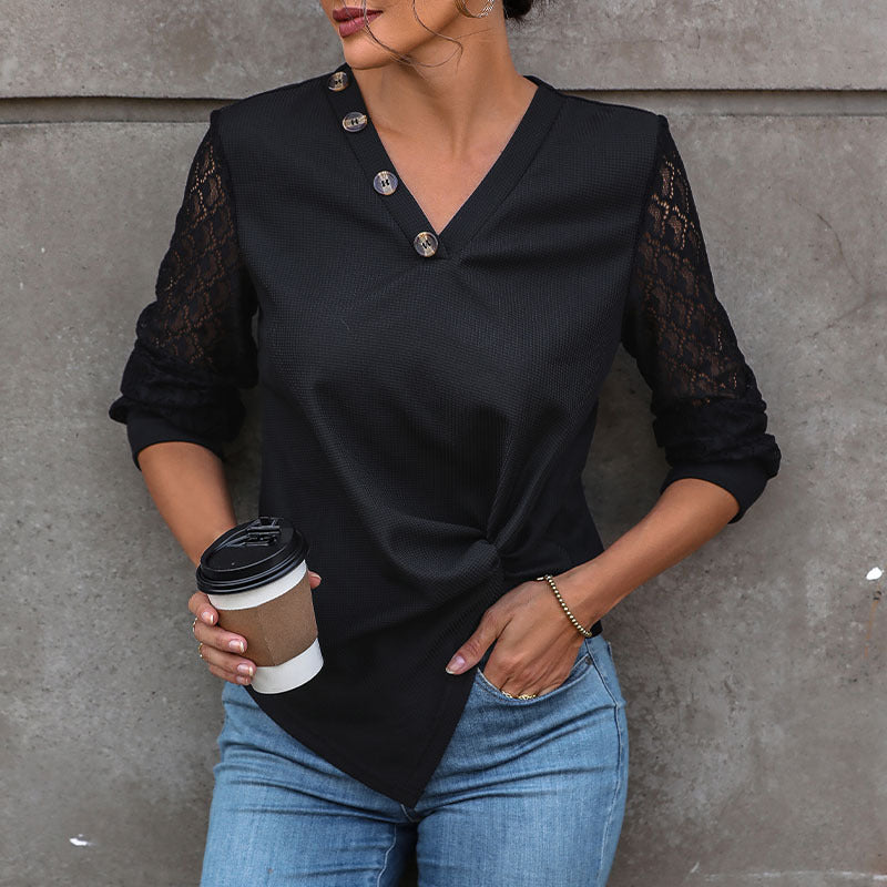 Damen V-Ausschnitt Blusenshirt mit Spitzenärmeln, asymmetrischer Knopfleiste und Knotenfront Echoarchiv