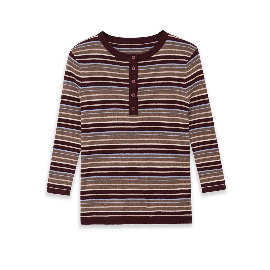 Damen Feinstrick-Henleyshirt mit feiner Streifenstruktur und Knopfblende Echoarchiv
