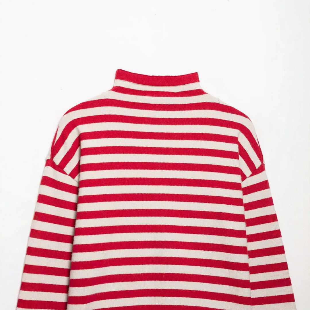 Damen Gestreifter Cropped Strick-Cardigan mit Stehkragen Echoarchiv