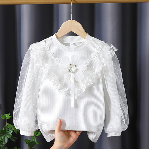 Mädchen Langarmshirt mit elegantem Tüllbesatz und Blumendekor Echo Archiv
