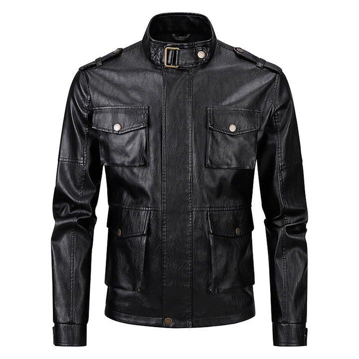 Herren Militärjacke aus Kunstleder mit praktischen Taschen und hohem Kragen Echoarchiv