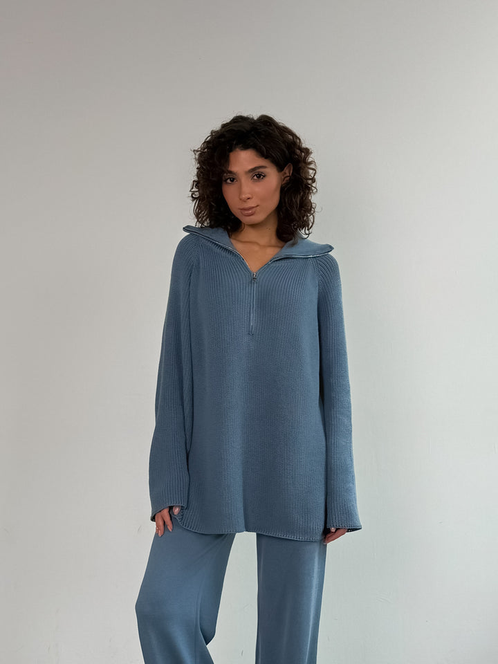 Damen Strick‑Tunika mit halbem Reißverschluss und weitem Stehkragen – Mavelle