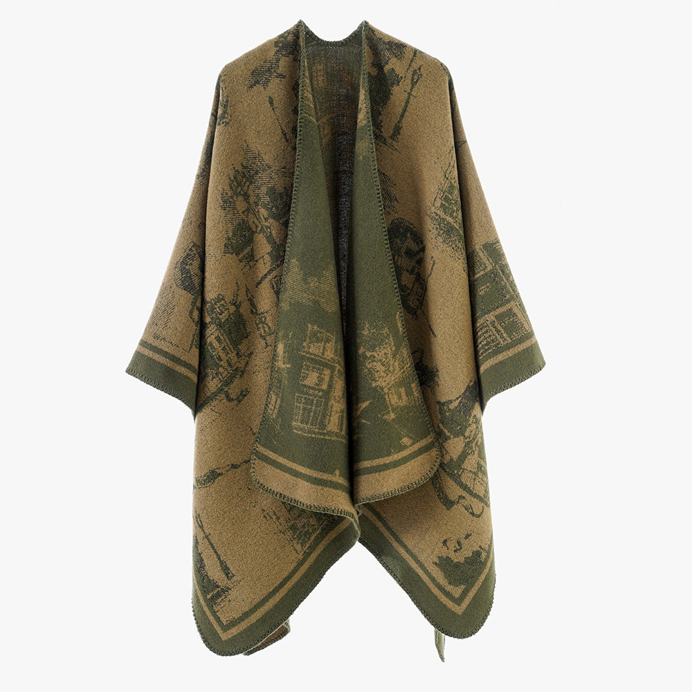 Damen Jacquard‑Capeponcho mit ikonischem Städte‑Jacquard und offenem Oversize‑Fall Echo Archiv