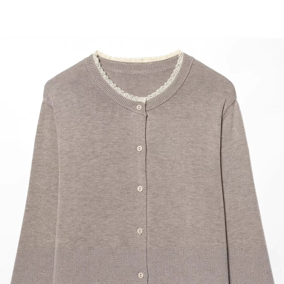 Damen Klassischer Feinstrick-Cardigan mit zarter Spitzenkante Echoarchiv
