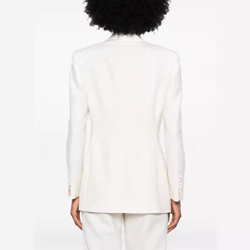 Damen Doppelreihiges Longblazer‑Hosenanzug mit Marlene‑Weitbeinhose und schlanker Silhouette Echoarchiv