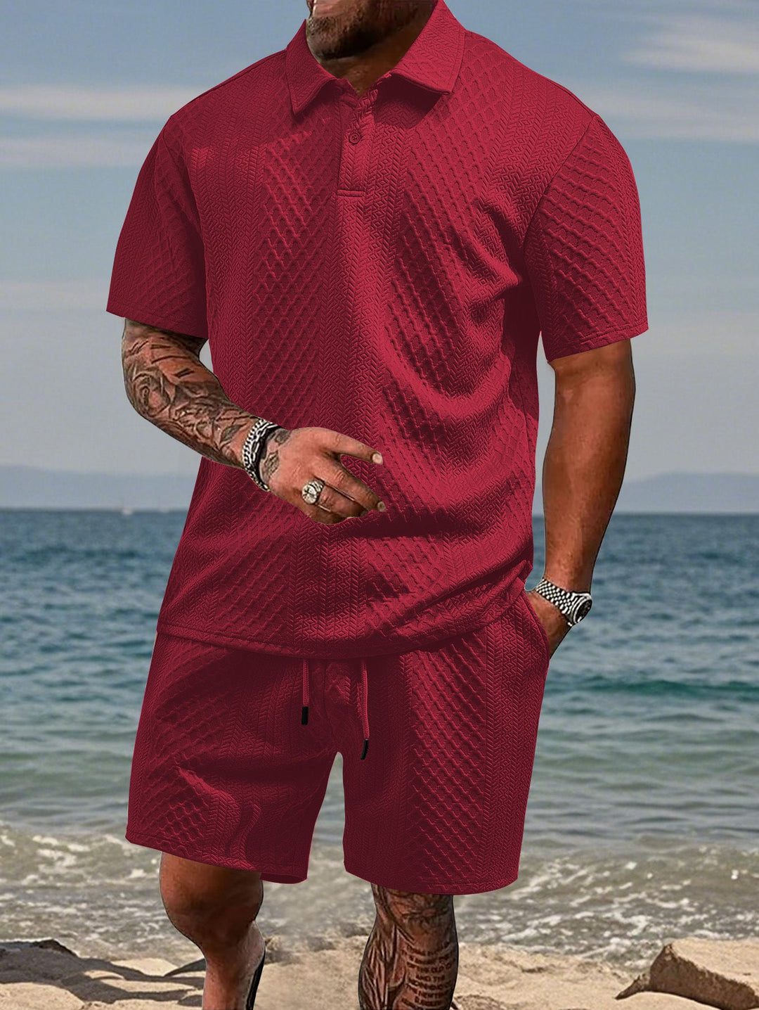 Herren nan geprägtes Strand-Ensemble mit offenem Kurzarm-Hemd und Kordel-Bermuda Echoarchiv