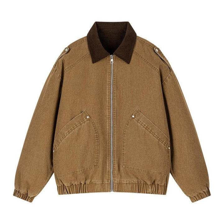 Herren Oversize-Canvas-Bomberjacke mit Cordkragen, Reißverschluss & Eingrifftaschen Echoarchiv