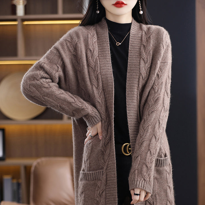 Damen Oversize-Longcardigan aus weichem Wollmix mit kontrastierenden Blockstreifen Echoarchiv