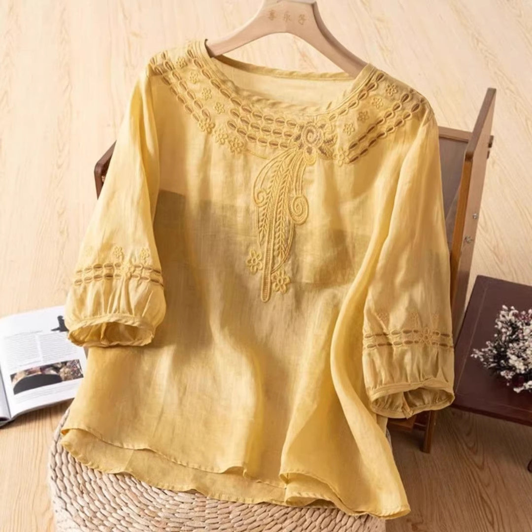 Damen Bestickte Leinenoptik-Bluse mit Rundhalsausschnitt und Dreiviertelärmeln – Élovi