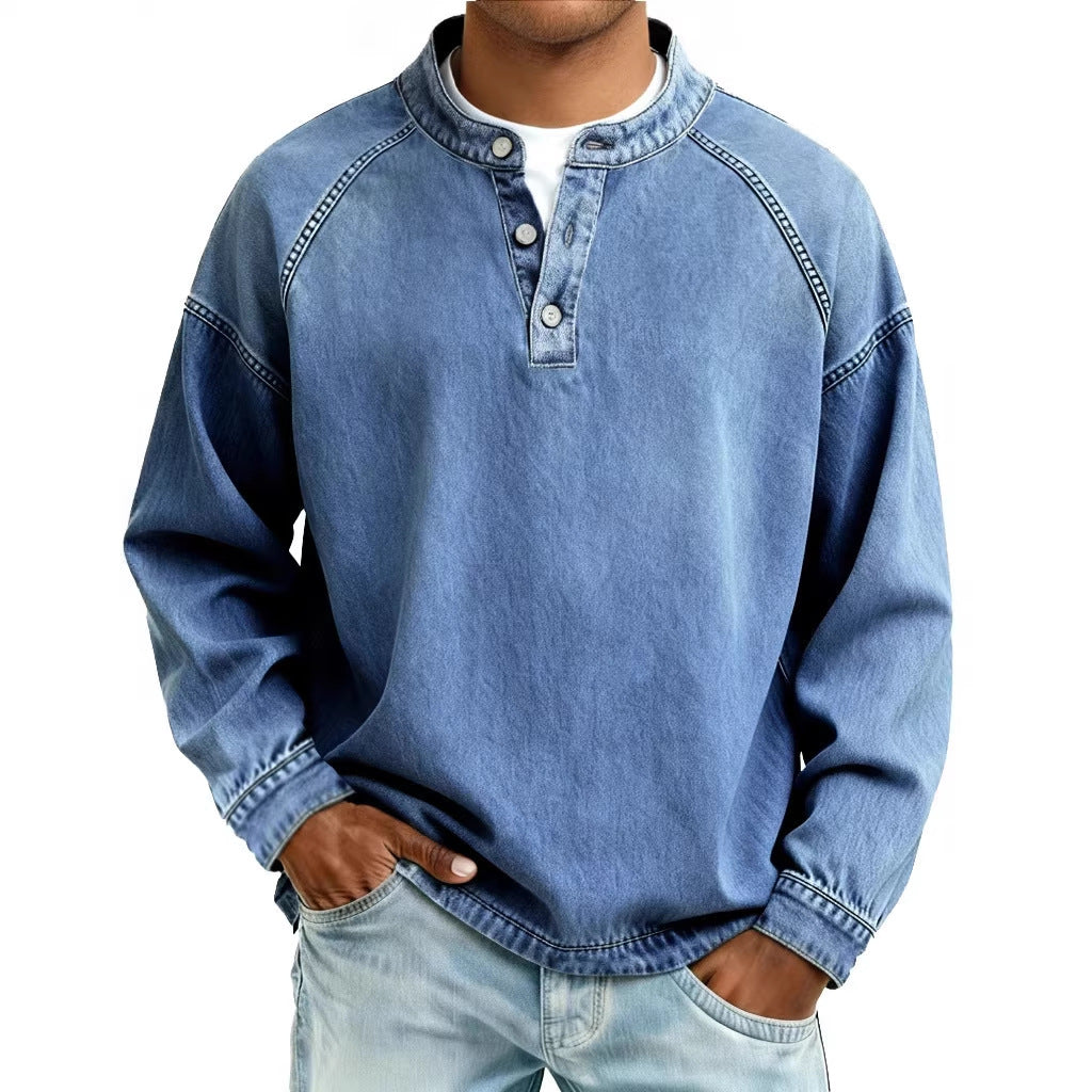 Herren verwaschenes Henley-Shirt mit Stehkragen, lockerer Passform und Knopfleiste – Marzano