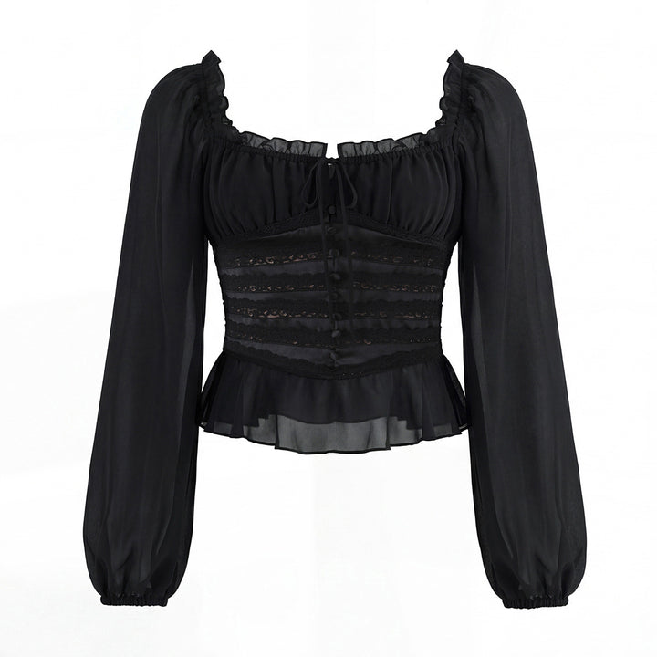 Damen Corsagenbluse mit Spitzen‑Corsage, gerafftem Dekolleté und Volantsaum Echoarchiv