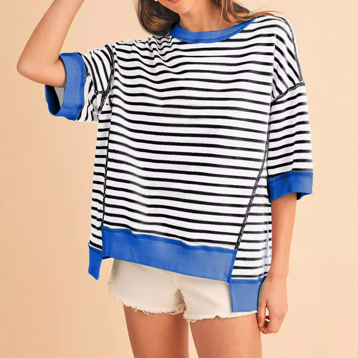 Damen Oversize Streifen-Sweatshirt mit kontrastfarbenen Bündchen – Avérine