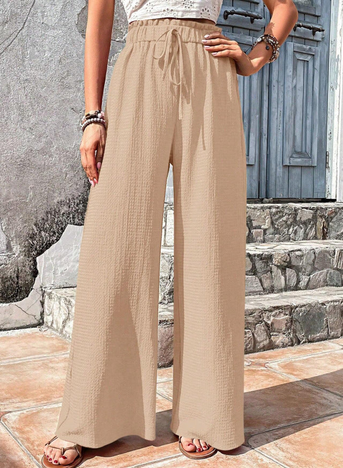 Damen Leichte Palazzo-Loungehose mit strukturierter Crinkle-Optik, hohem Gummibund und Kordelzug – Avélisse