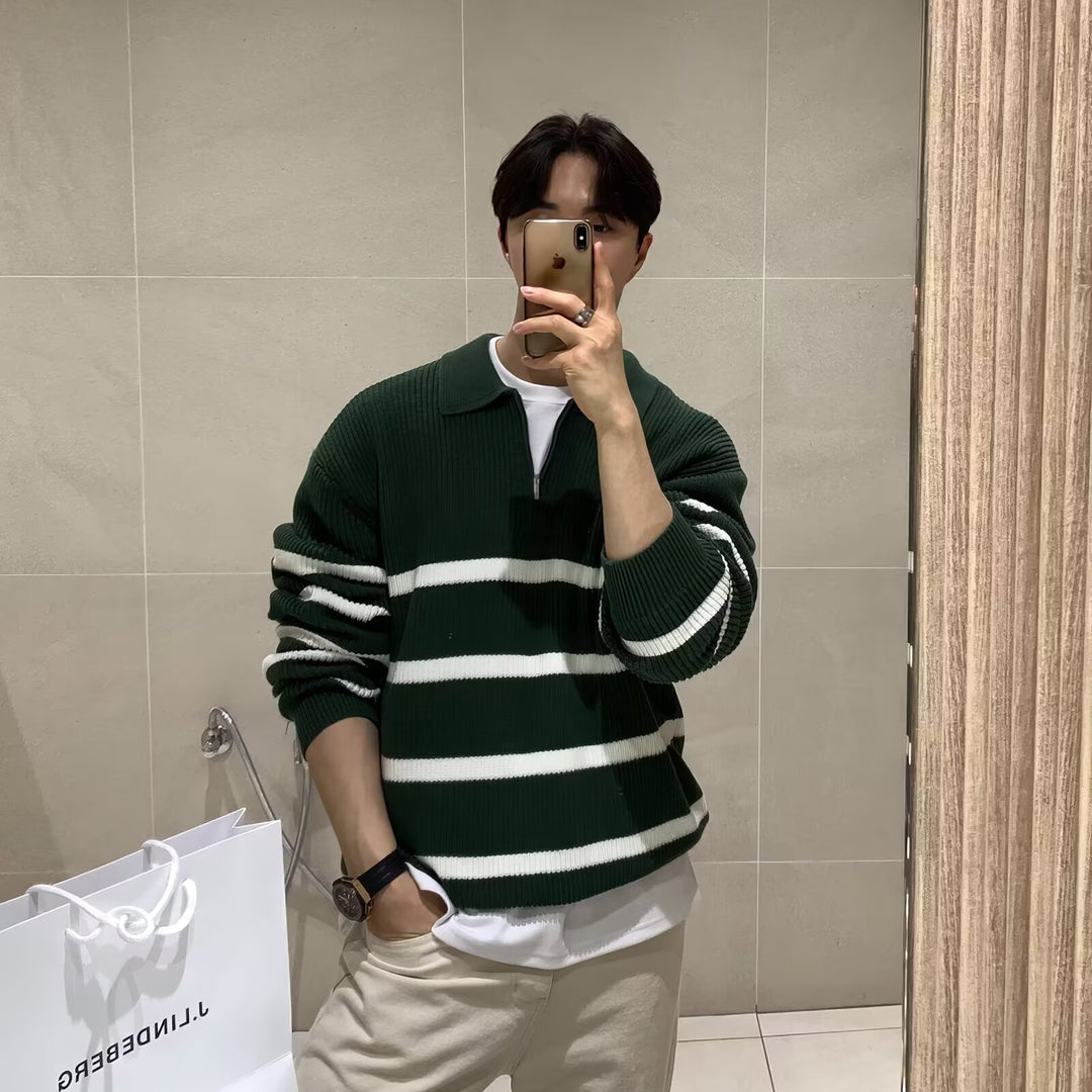 Herren Modischer Kurzarm Pullover mit Streifen Echoarchiv