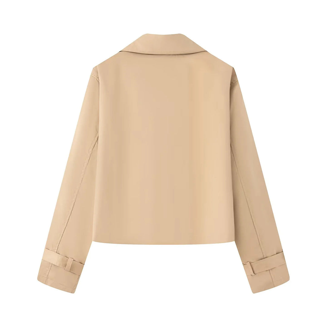 Damen kurz geschnittener Cropped Trenchcoat mit doppelreihiger Knopfleiste und verstellbaren Ärmelriemen – Montévia