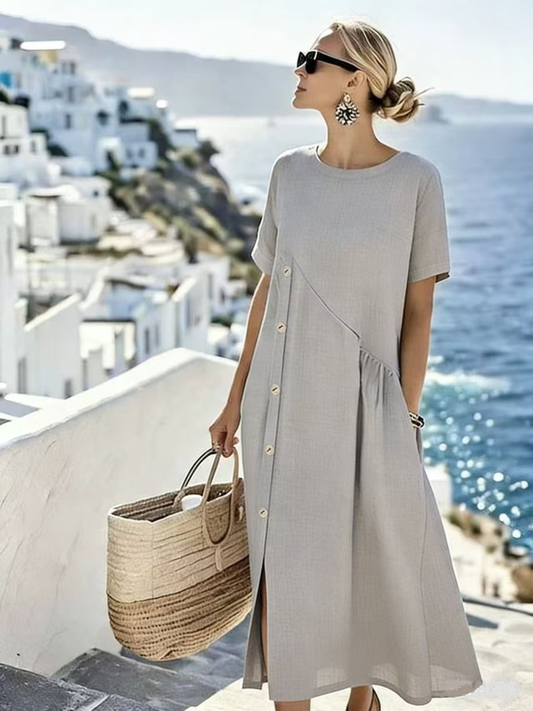 Damen Luftiges Sommerkleid mit seitlicher Knopfleiste, kurzen Ärmeln und Schlitz – Lunéa