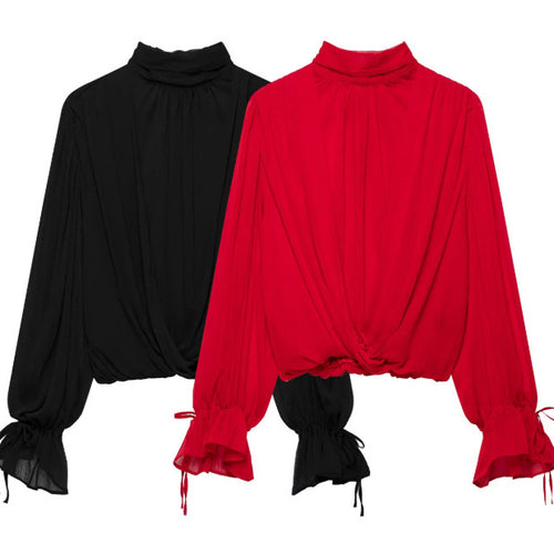 Damen Elegante Chiffon‑Schluppenbluse mit Ballonärmeln und gerafftem Saum Echo Archiv
