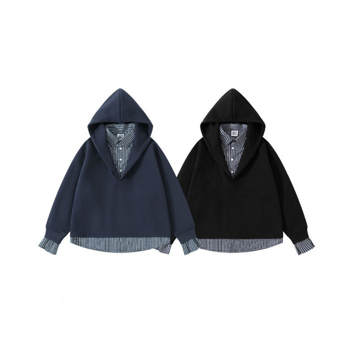 Damen Layering-Hoodie mit eingesetztem Hemdkragen, karierter Saum- und Manschettenoptik Echo Archiv