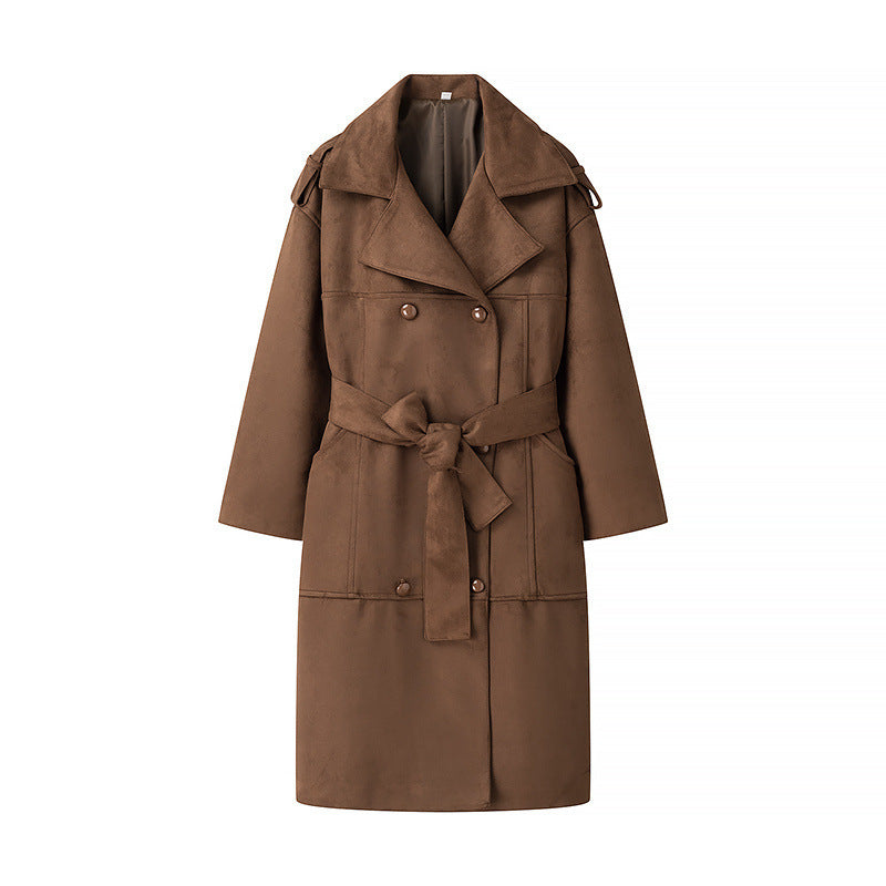 Damen Langer Oversize-Veloursleder-Trenchcoat mit Bindegürtel und Schulterriegeln Echo Archiv