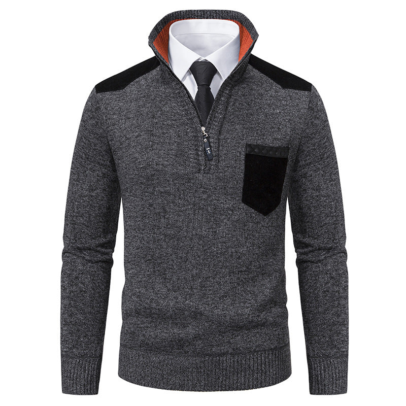 Herren nan Feinstrick-Halbzip-Pullover mit Stehkragen, Brusttasche und Schulterbesatz Echo Archiv