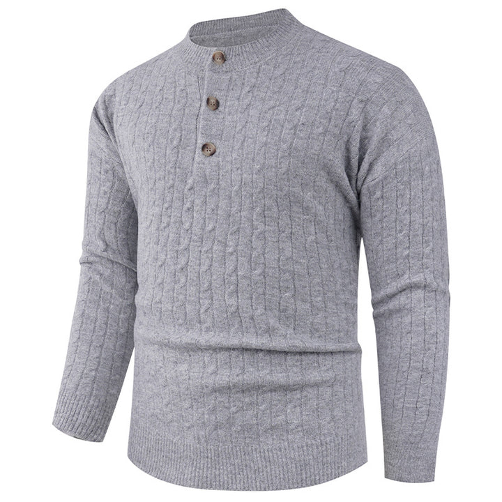 Herren Grobstrickpullover mit modernem Schalkragen und Knopfdetails Echoarchiv