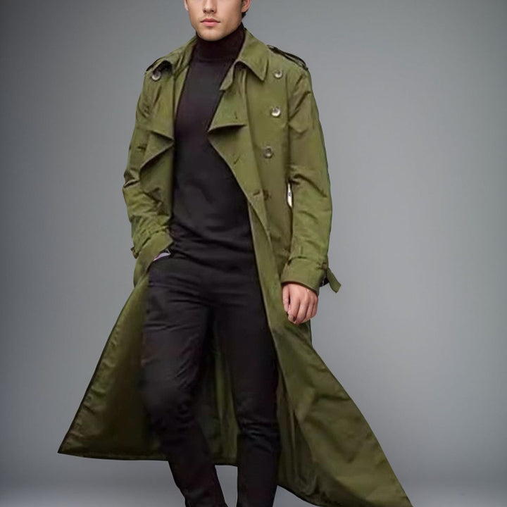 Herren langer Trenchcoat mit modernem Schnitt und praktischen Taschen Echoarchiv