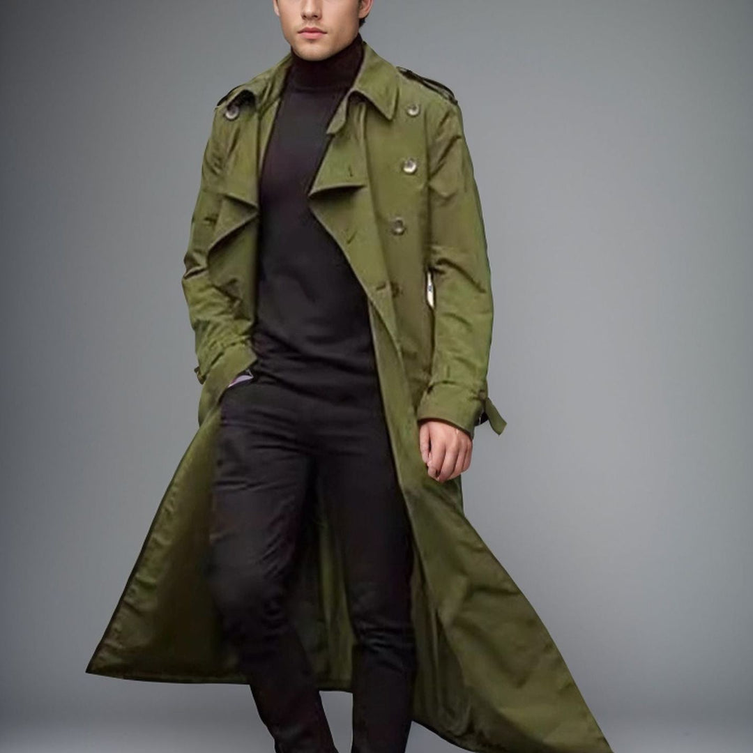Herren langer Trenchcoat mit modernem Schnitt und praktischen Taschen Echoarchiv