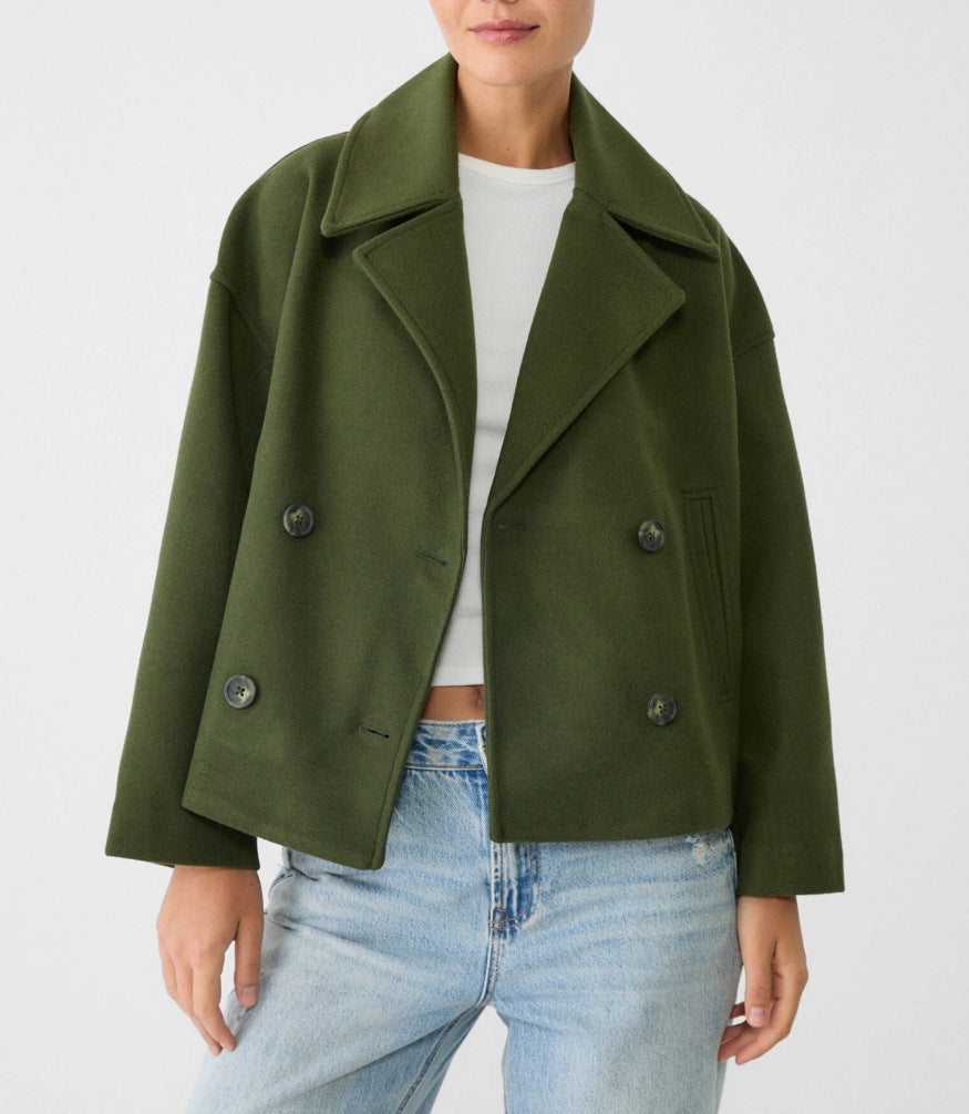 Damen nan kurz geschnittener Zweireiher Wollmix-Peacoat mit überbreitem Revers und kastiger Silhouette Echo Archiv