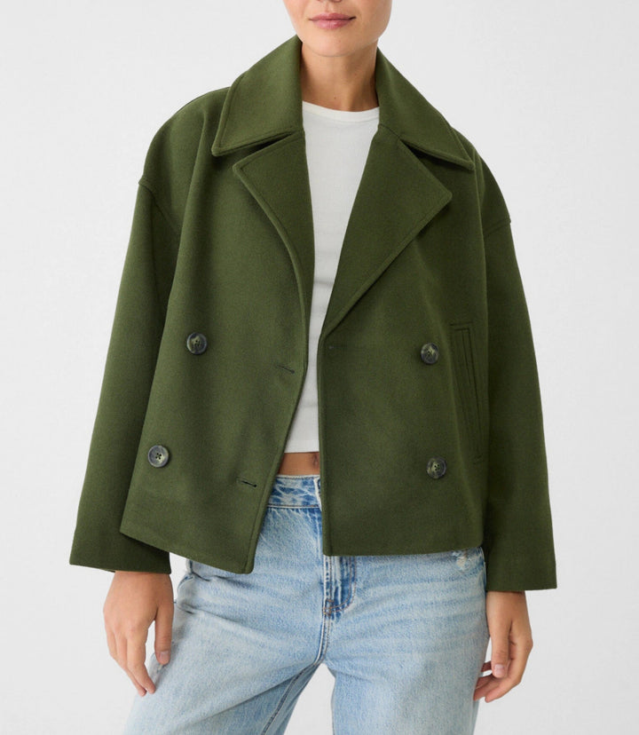 Damen nan kurz geschnittener Zweireiher Wollmix-Peacoat mit überbreitem Revers und kastiger Silhouette Echo Archiv
