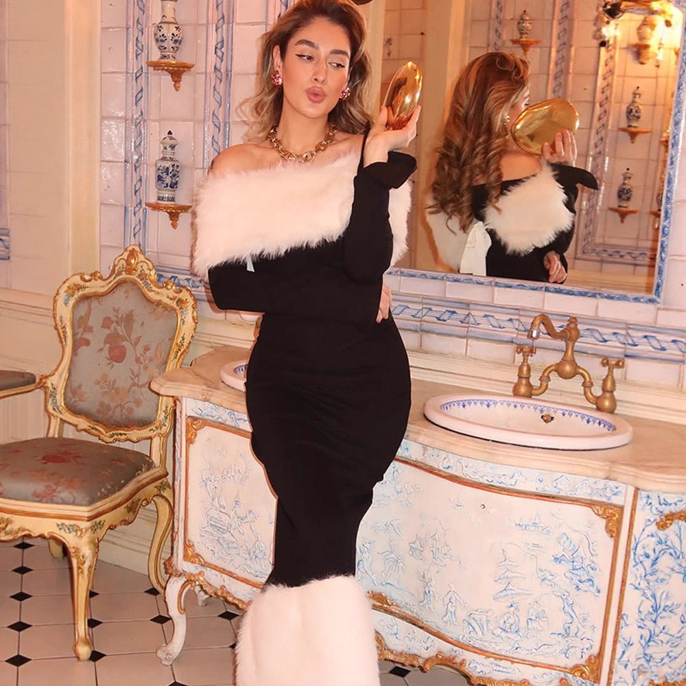 Damen figurbetontes Off-Shoulder-Midikleid mit Kunstpelzbesatz an Ausschnitt und Saum Echoarchiv