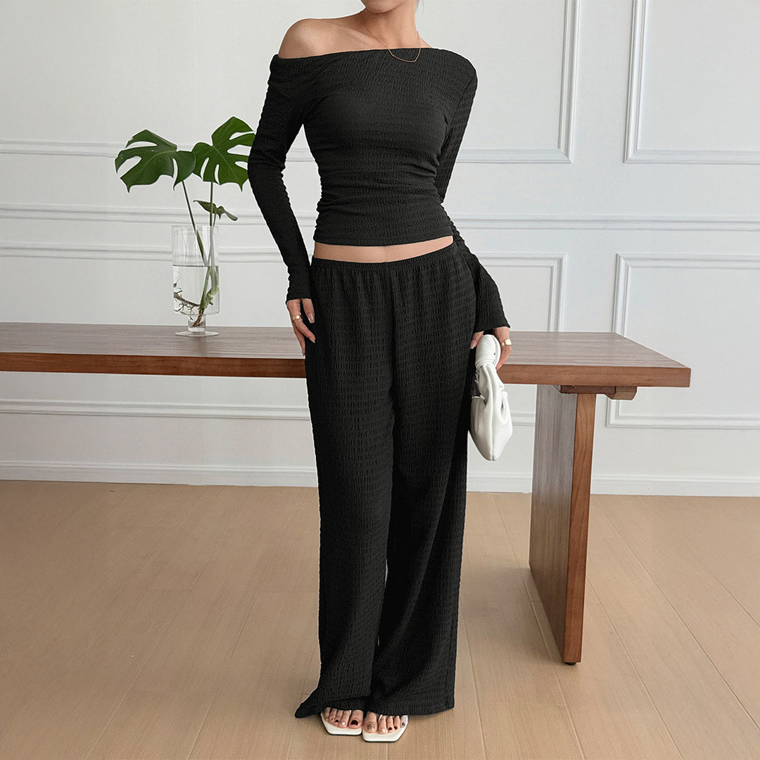 Damen nan legeres Crinkle-Lounge-Set mit Off-Shoulder Crop-Top und weiten High-Waist Palazzohose Echo Archiv