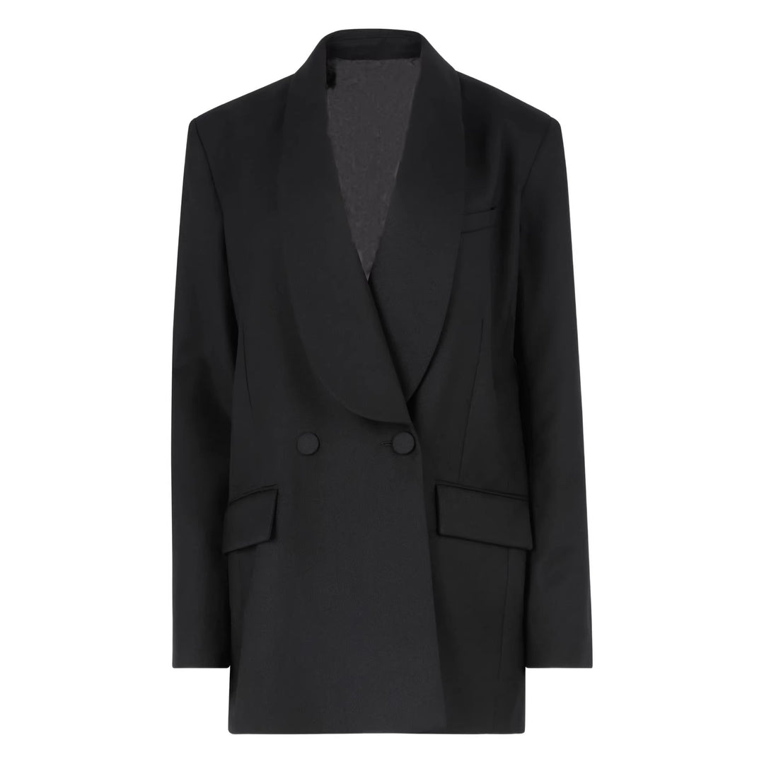 Damen Oversized Smoking-Longblazer mit tiefem Schalkragen und verlängerter Schulterlinie Echoarchiv