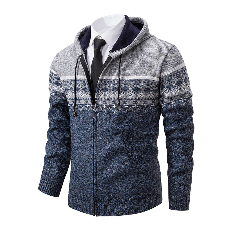 Herren stilvolle Strickjacke mit Kapuze und Norweger-Muster Echoarchiv
