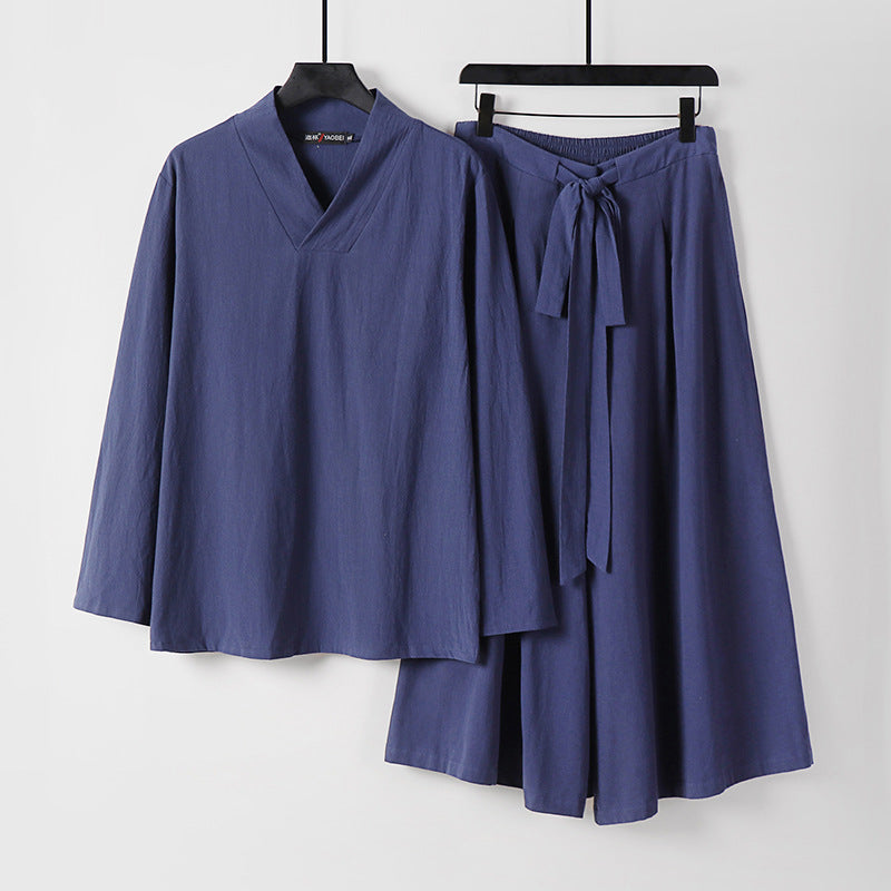 Damen Leichtes Leinen-Baumwoll Loungewear-Set mit V-Ausschnitt, weitem Midirock und Bindegürtel Echoarchiv