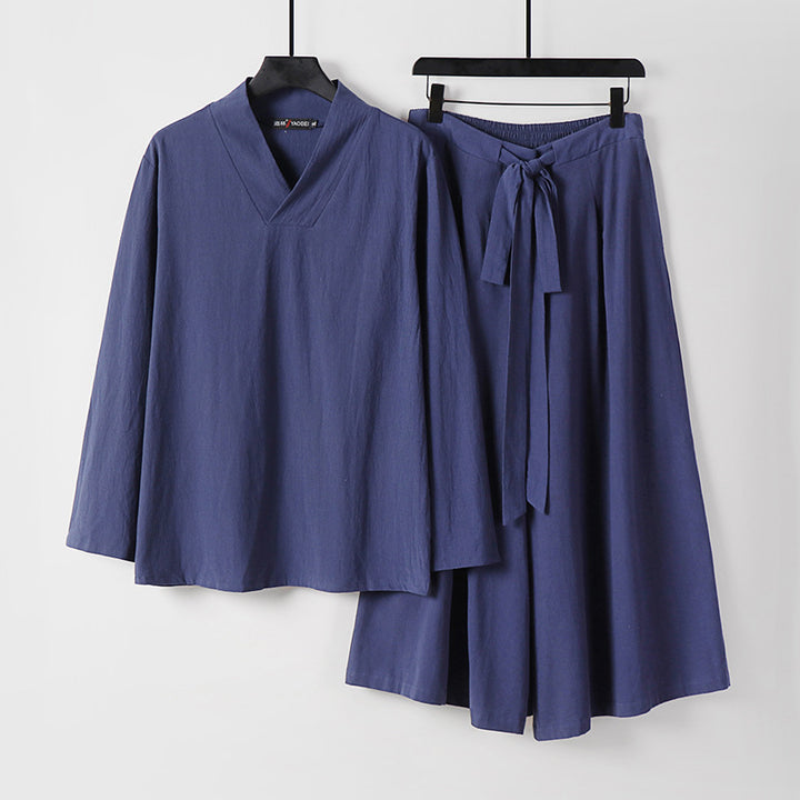 Damen Leichtes Leinen-Baumwoll Loungewear-Set mit V-Ausschnitt, weitem Midirock und Bindegürtel Echoarchiv
