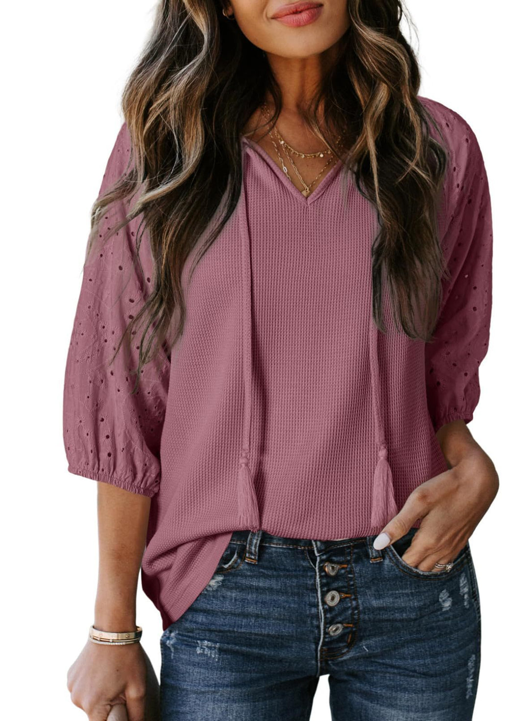 Damen Waffelshirt mit V‑Ausschnitt, Quasten und bestickten Puffärmeln Echo Archiv