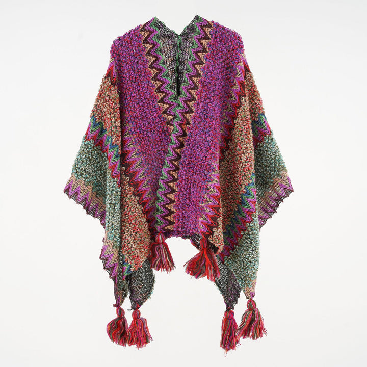 Damen Kurzponcho aus Bouclé-Strick mit Zickzack-Jacquard und Quasten – Avérine