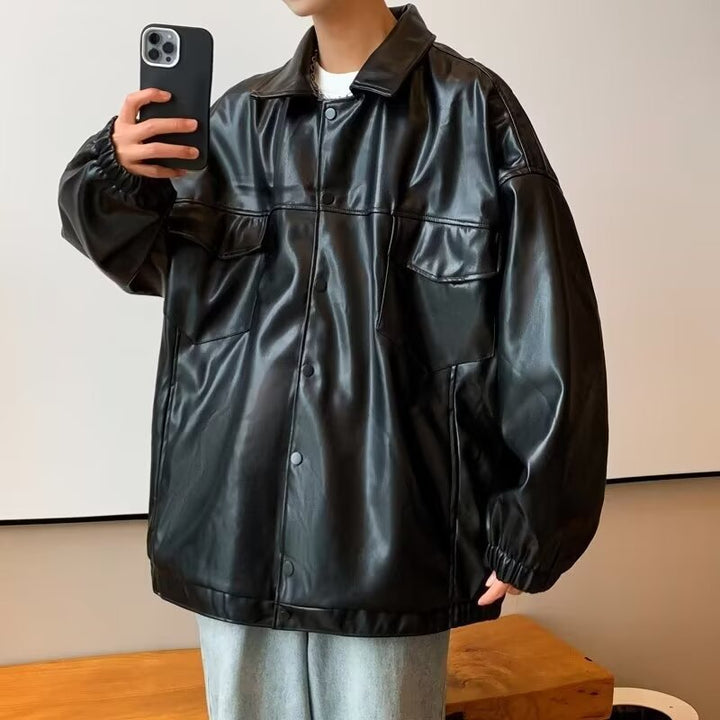 Herren Oversized PU-Leder-Shacket mit Pattentaschen und elastischen Bündchen Echoarchiv