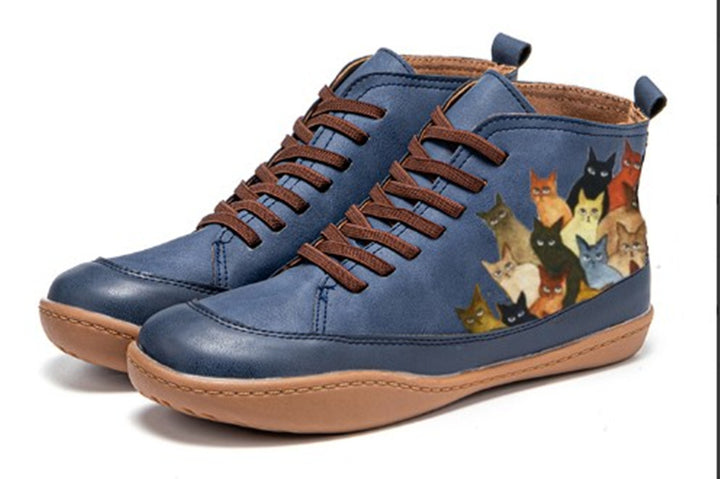 Damen Hochgeschnittene Leder-Sneaker mit handbemaltem Katzenmotiv und ergonomischer Laufsohle Echo Archiv