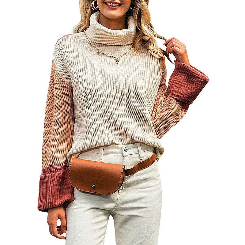 Damen nan lockerer Rollkragenpullover mit Colourblock-Ärmeln und weitem Trompetenärmel Echo Archiv