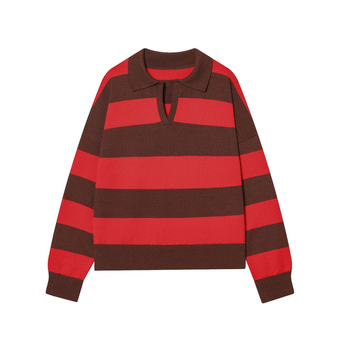 Damen gestreifter Rugby-Pullover mit Polokragen und tiefem V-Schlitz – Mavelle