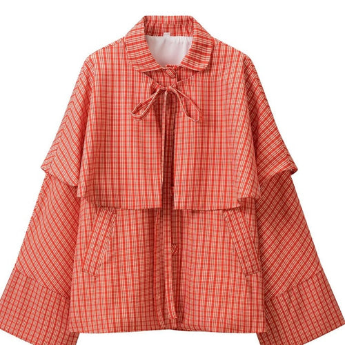 Damen Karierte Cape-Übergangsjacke mit Lagen‑Cape und Schleifenbindung Echo Archiv