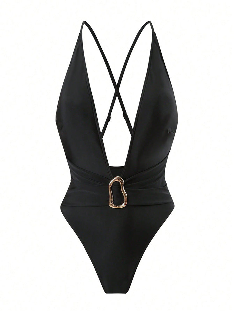 Damen Einteiler Badeanzug mit tiefem V-Ausschnitt und stilvollem Ringdetail Echo Archiv