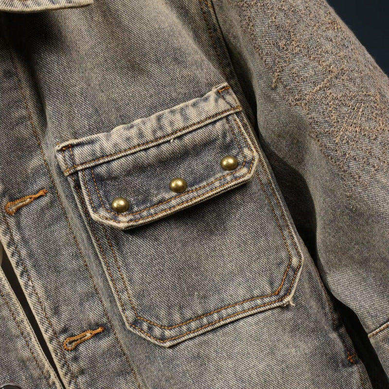 Herren Vintage-inspirierte Jeansjacke im Worker-Look mit Used-Wash und aufgesetzten Brusttaschen Echoarchiv