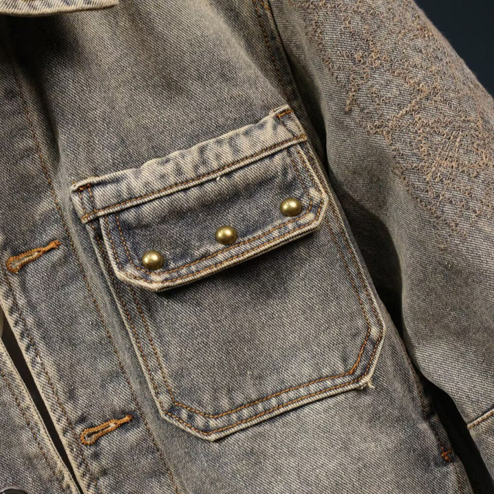 Herren Vintage-inspirierte Jeansjacke im Worker-Look mit Used-Wash und aufgesetzten Brusttaschen Echoarchiv