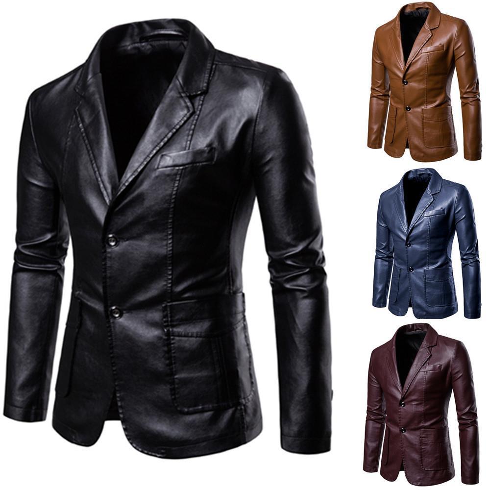 Herren nan schlanker Lederblazer mit Reverskragen und aufgesetzten Taschen Echo Archiv
