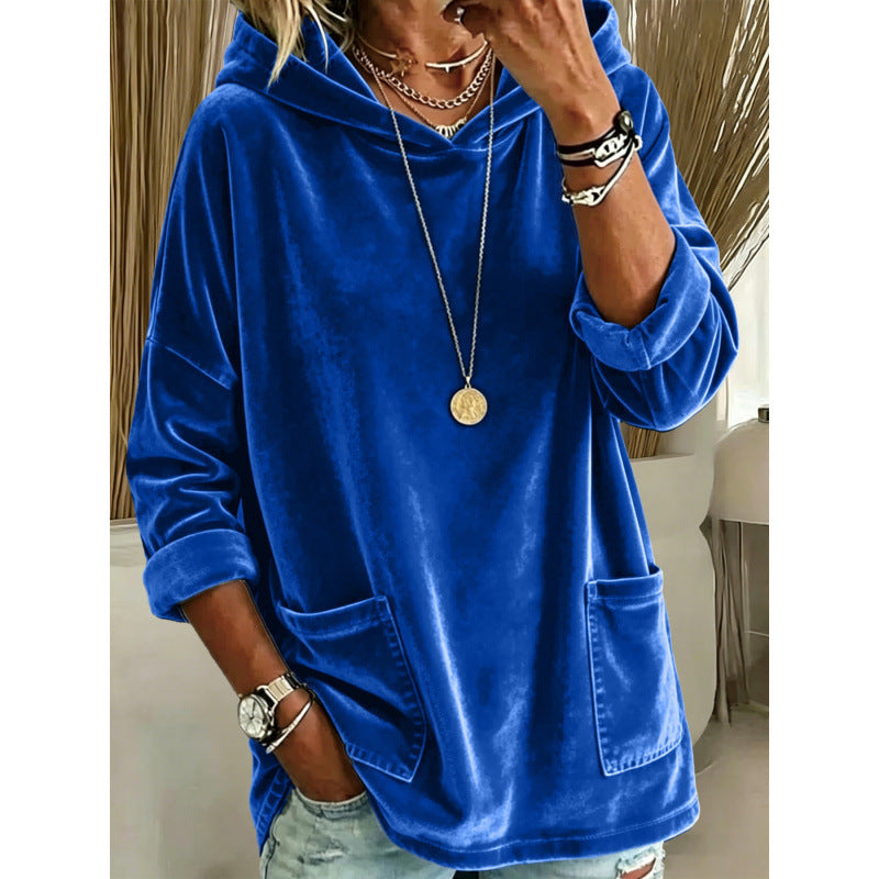 Damen Samt-Hoodie mit Kapuze, Oversize-Schnitt und aufgesetzten Taschen – Auréline