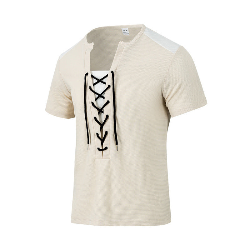 Herren Kurzarm-Henley-T-Shirt mit dekorativen Schnürdetails und atmungsaktiver Struktur Echoarchiv