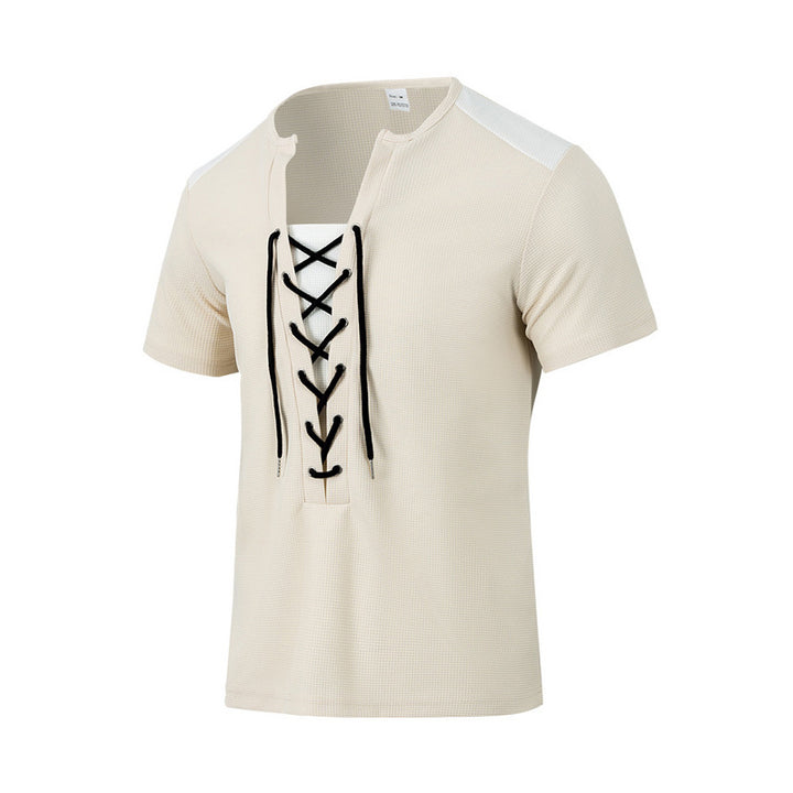 Herren Kurzarm-Henley-T-Shirt mit dekorativen Schnürdetails und atmungsaktiver Struktur Echoarchiv